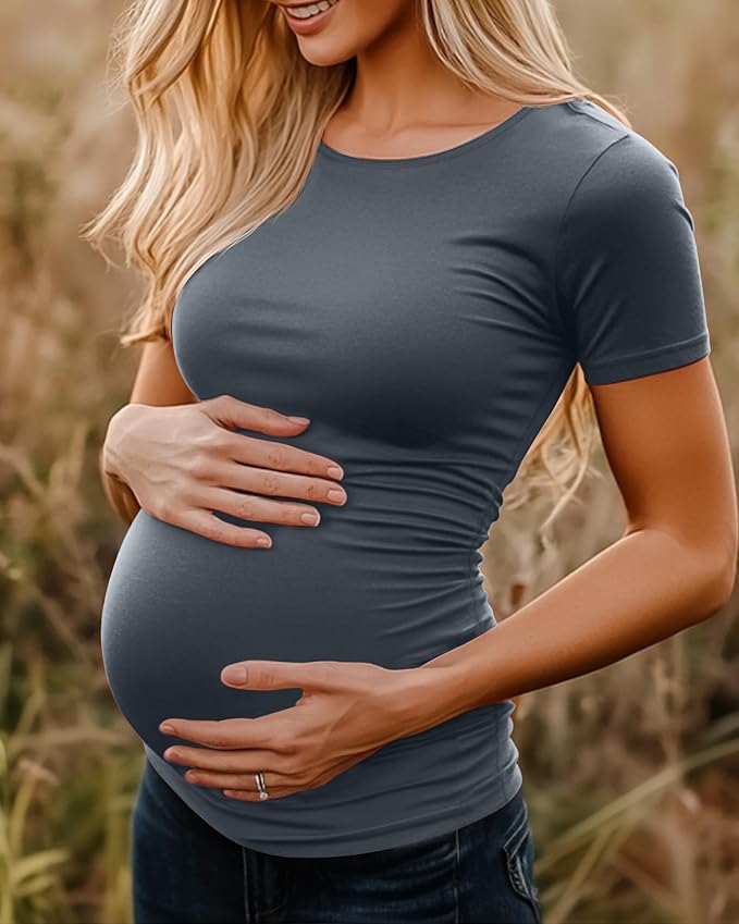 Huukeay 4 Pack Women's Maternity Shirts, Crew Neck Maternity Top Short Sleeve Casual Cotton Tee Side Ruched Pregnancy Clothes