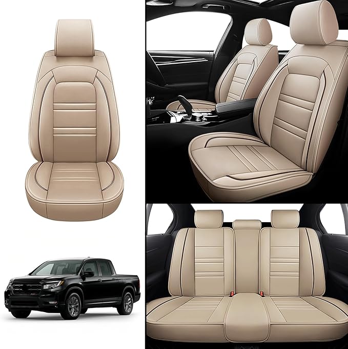 Seat Covers for Honda Ridgeline 2006-2025 | 5-Seats Leather Seat Covers, Easy to Install Automotive Seat Covers Full Set (Full Set, Beige)