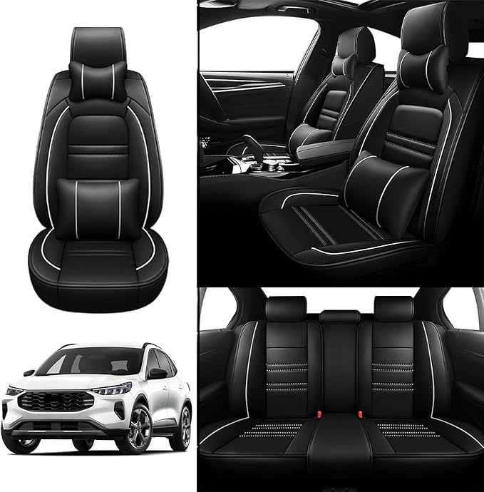 Car Seat Covers for Ford Escape 2001-2025 | 5-Seats Seat Covers, Waterproof Seat Protectors, Automotive Seat Covers (Full Set with Pillow,Black&White Line)