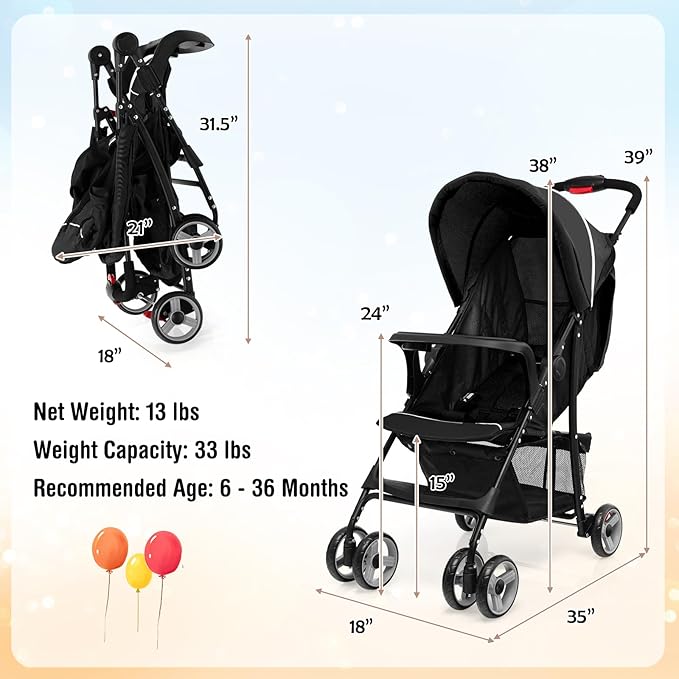 Baby Joy Lightweight Stroller, Compact Toddler Travel Stroller for Airplane, Infant Stroller w/Adjustable Backrest/Footrest/Canopy, 5-Point Harness, Storage Basket, Easy One-Hand Fold, Black