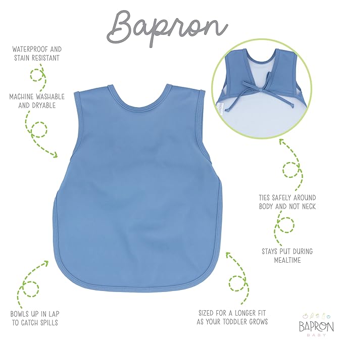 BapronBaby Minimalist Dusty Blue Bapron - No Neck Tie Safer Bib for Baby & Toddler - Soft Waterproof Stain Resistant - Machine Washable - Sz Baby/Toddler 6m-3T