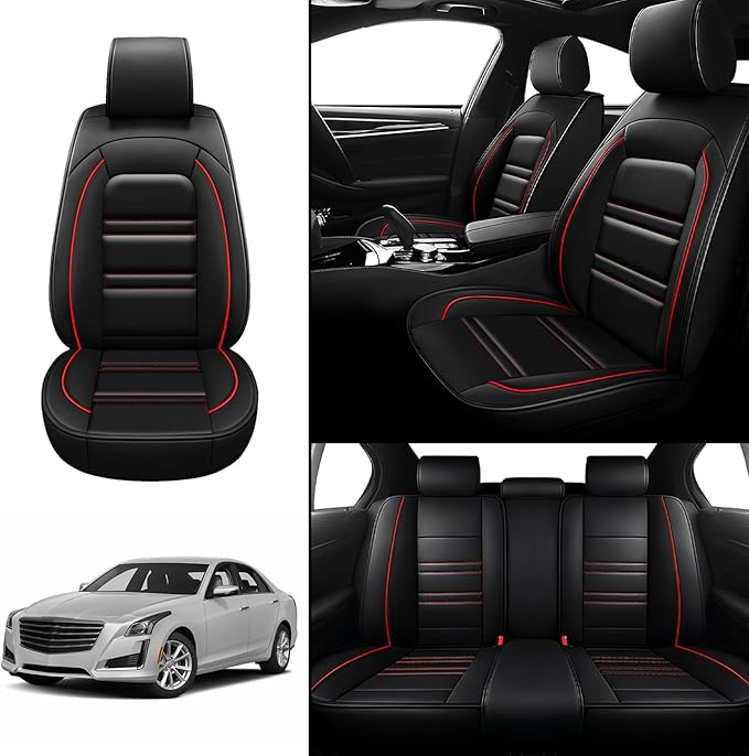 Seat Covers for Cadillac cts 2003-2019 | 5-Seats Leather Seat Covers, Easy to Install Automotive Seat Covers Full Set (Full Set, Black&Red Line)