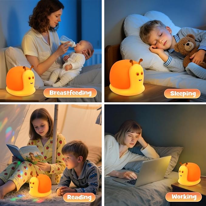Cute Snail Night Light 2 Brightness Adjustable Fun Orange Slug Light with 30/60 Min Timer Squishy Nursery Breastfeeding Nightlight Rechargeable Silicone Touch Bedside Lamp for Home Bedroom Dorm Decor