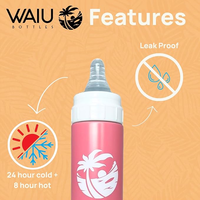 Versatile Waiu Insulated Baby Bottle | 4 oz & 6 oz Sizes | Keeps Drinks Hot for 8 Hours, Cold for 24 Hours | BPA-Free | Multiple Colors Available (Pink, 6 oz.)