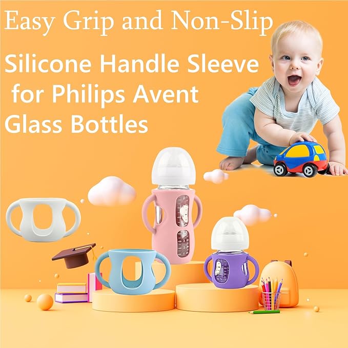 4 Pack Silicone Sleeves for Avent Natural Glass Baby Bottles, Silicone and Easy-Grip Handles for Drop Protection, Compatible with Philips Avent 4/8 OZ Glass Bottle (Cute Pink, 8 OZ)