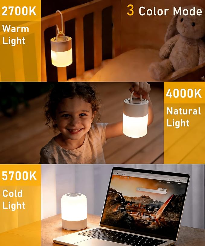 Portable Baby Night Light, Dimmable and 3 Light Color Touch Nursery Lamp, Soft Eye Caring, Rechargeable Cordless LED Night Light for Kids Adults