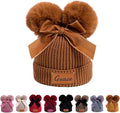 Personalized Toddler Beanie Hat with Bow - Custom Winter Pom Pom Beanies - Leater Patch Baby Warm Knit Hats
