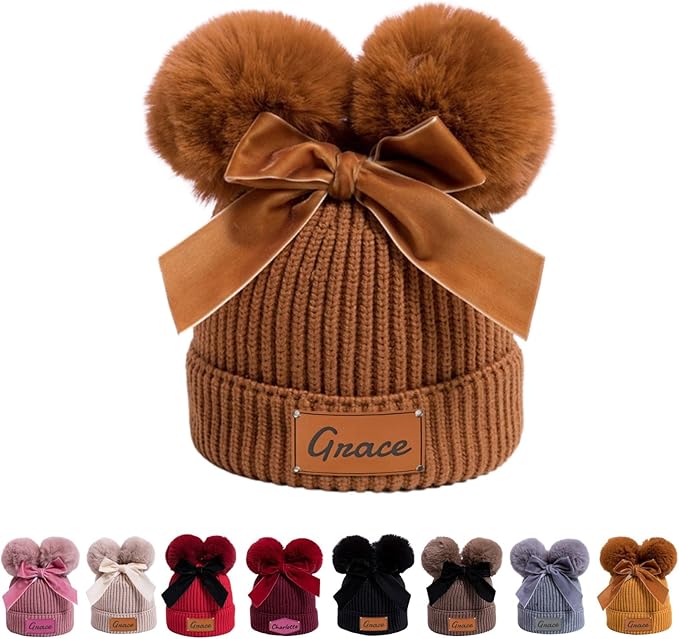 Personalized Toddler Beanie Hat with Bow - Custom Winter Pom Pom Beanies - Leater Patch Baby Warm Knit Hats