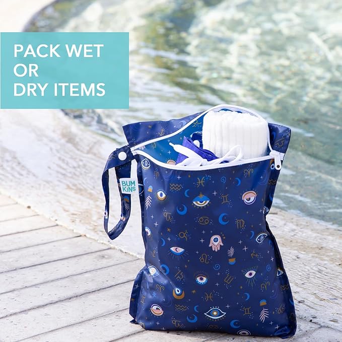 Bumkins - Waterproof Wet Bag, Wet/Dry Clutch & Clear Travel Bags - For Beach, Baby, Travel, Cloth Diapers, Pump Parts, Pool, Gym, Toiletries - Reusable & Easy to Clean - Evil Eye - 5 Pack