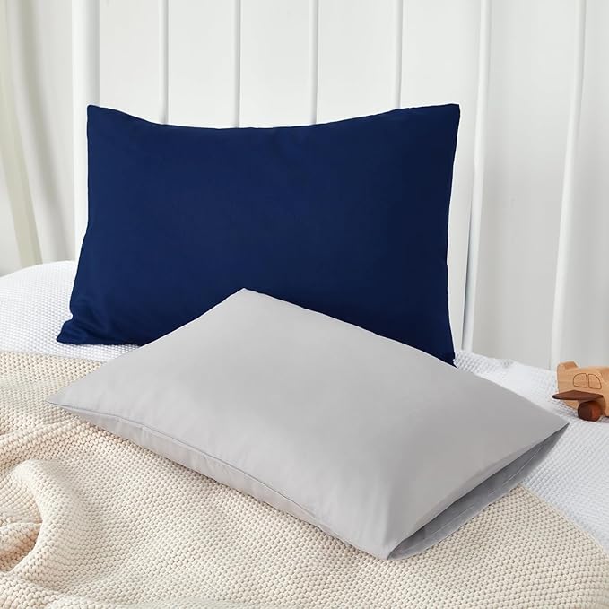 TILLYOU Toddler Pillowcase 2 Pack with Envelope Closure,13" x 18" Silky Soft Microfiber Travel Kids Pillowcase for Boys and Girls,Gray & Navy