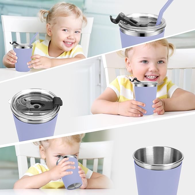 Kids Cups with Straws and Lids, 5 Pack 12oz Spill Proof Toddlers Straw Cup with Lid, Stainless Steel Kid Cups with Lids for School, Outdoor, Multicolor