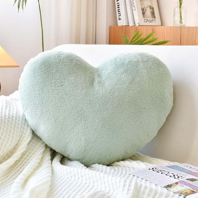 Sage Green Heart Pillows, Cute Heart Decorative Pillow, Heart Shaped Throw Pillows for Bed, Faux Rabbit Fur Plush Hoom Decor Pillow Cushion for Chair Sofa Living Room (Large-19.6"x15.7")