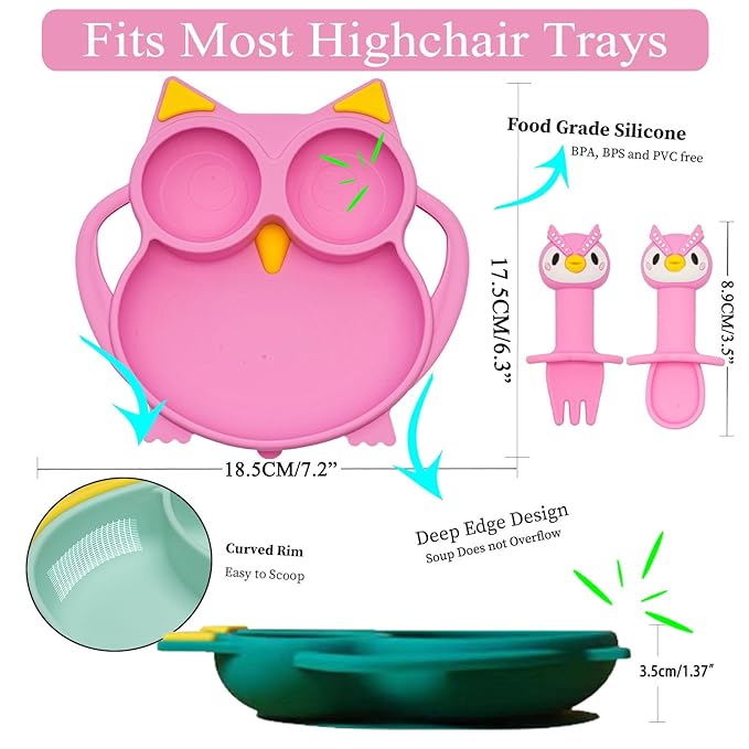 Silicone Baby Feeding Set,Baby Led Weaning Supplies Baby Silicone Suction plate and bowl set,Toddler Self Feeding Dish with Spoons Forks Sippy Cup And Adjustable Bib for 6+ Months-Pink