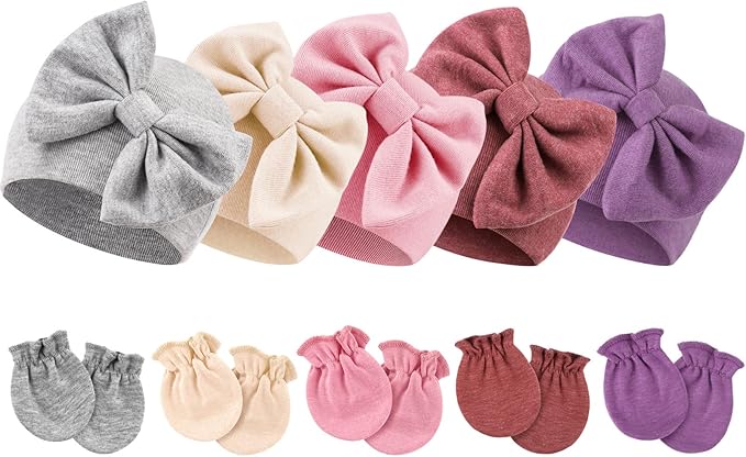 BQUBO Newborn Baby Girls Hats Mittens Set Hospital Hat Beanie Infant Bow Hats Baby Cotton Gloves for 0-6 Months