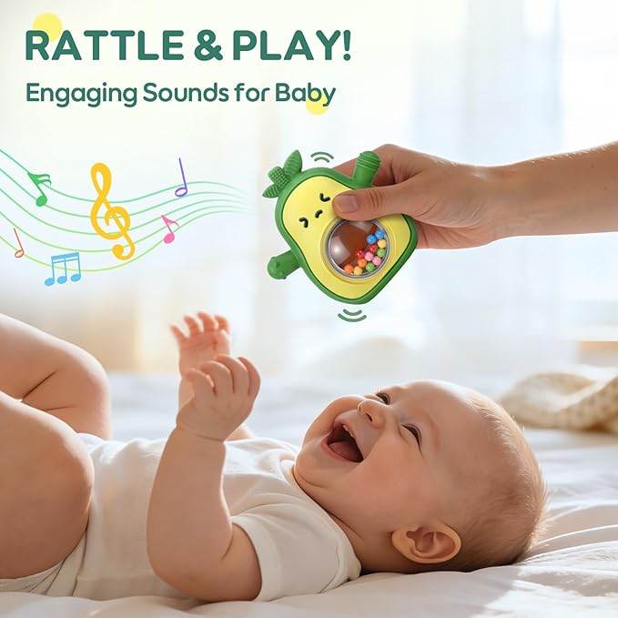 Baby Teething Toys 3-6 6-12 Months, Avocado Baby Teething Mitten with Rattle, BPA Free Silicone Infants Teether Sensory Chew Toys for Newborns, Baby Shower Gifts for Boys Girls