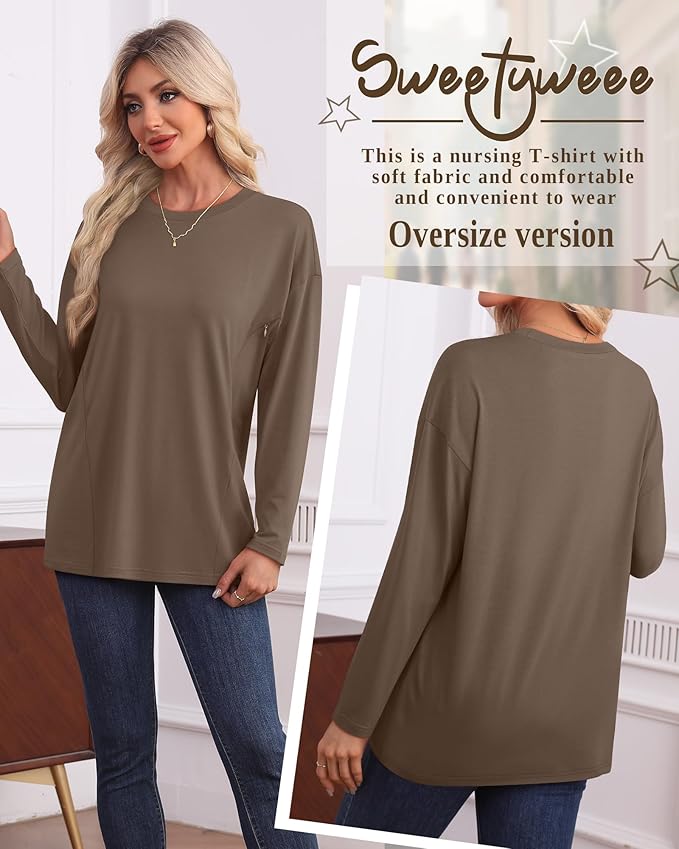3 Pack Women's Nursing Breastfeeding Tops, Long Sleeve Maternity Shirts Oversize Hidden Zipper Pregnancy Clothes
