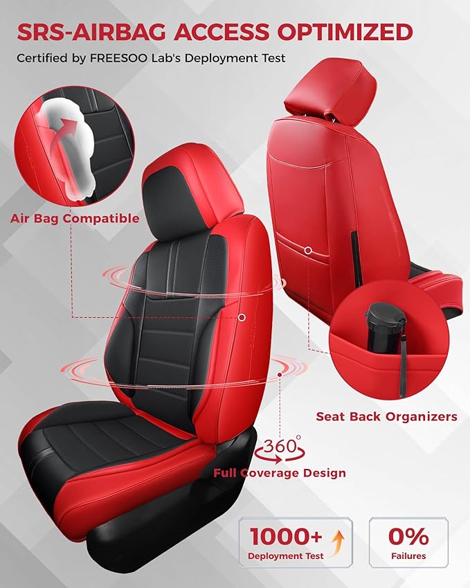 FREESOO Red Black Car Seat Covers Full Set - Faux Nappa Leather Seat Covers for Cars, with Front Seatbelt Pads, Breathable Interior Protectors Universal Fit for Most 5 Seats Vehicles Sedans SUV Trucks