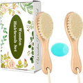 Wooden Baby Hair Brush and Comb Set, 2Pcs Natural Soft Goat Bristles Brush with Baby Shower Scrubber Perfect Scalp Grooming Product for Newborn, Toddler, Infant (Green)