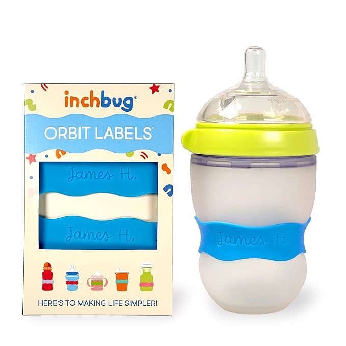 InchBug Orbit Labels Baby Bottle and Water Bottle Silicone Name Bands – Personalized Reusable Label Set for Daycare, Sippy Cups, Preschool, Elementary School, Dishwasher Safe, 4-Pack (Deep Sky Blue)