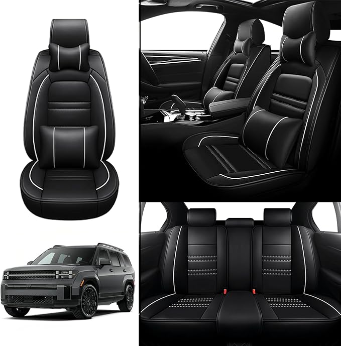 Car Seat Covers for Hyundai Car Santa fe 2001-2025 | 5-Seats Seat Covers, Waterproof Seat Protectors, Automotive Seat Covers (Full Set with Pillow,Black&White Line)