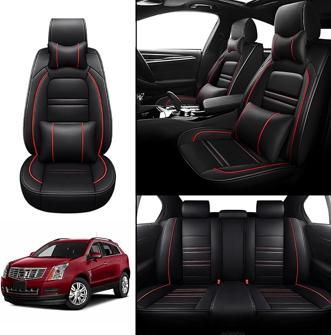 Car Seat Covers for Cadillac SRX 2004-2016 | 5-Seats Seat Covers, Waterproof Seat Protectors, Automotive Seat Covers (Full Set with Pillow,Black&Red Line)