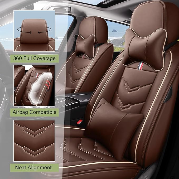 Leather Car Seat Covers Fit for LR Range Rover 2022-2025, 5 Seater Waterproof and Wear-Resistant Seat Cover Interior Accessories(Full Set with Pillow,Coffee)