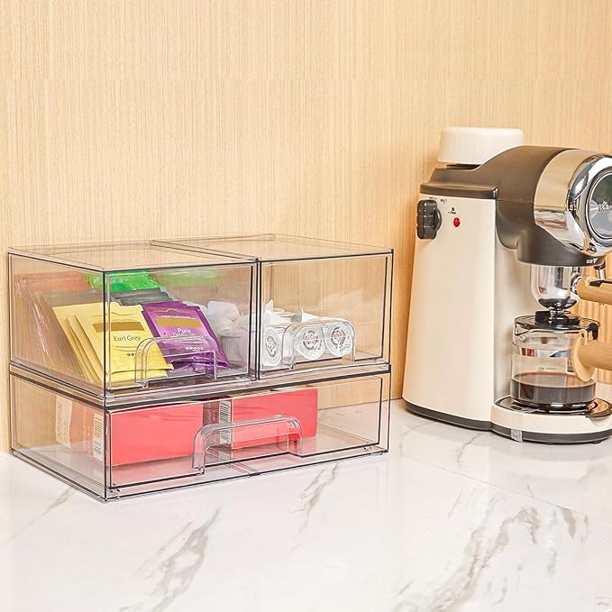 Vtopmart Stackable Storage Drawers Set of 5, Clear Plastic Organizer Bins for Beauty Supplies,Ideal for Vanity, Bathroom,Cabinet,Pantry Organization