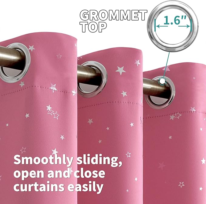 BGment Pink Star Blackout Curtains for Kid's Bedroom - Grommet Thermal Insulated Room Darkening Printed Curtains for Living Room, Set of 2 Panels, 52 x 84 Inch