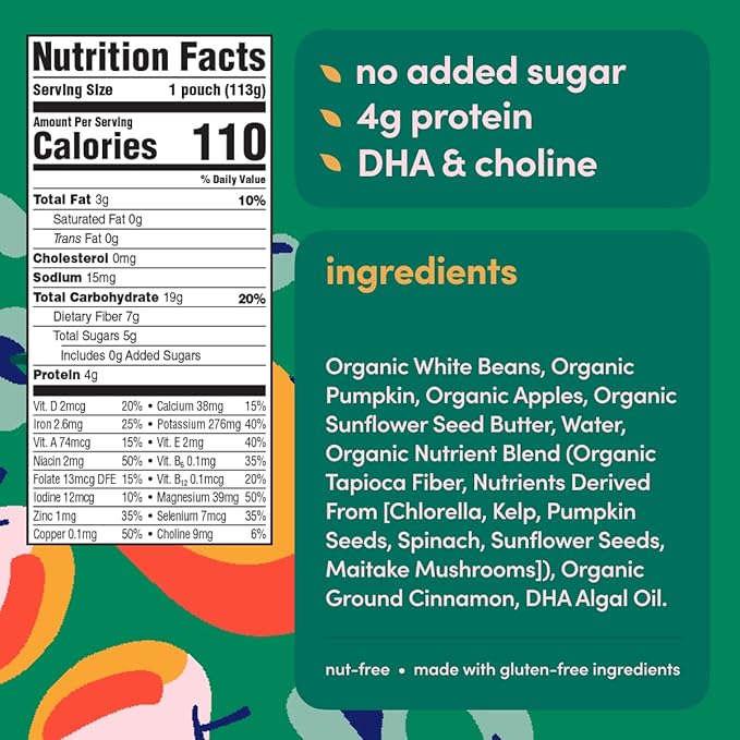 Cerebelly Organic Baby Food Pouches, White Bean Pumpkin Apple Purees, 16 Nutrients, No Added Sugar, Fiber & Non-GMO, 4oz, 6 Pack