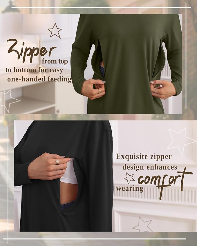 3 Pack Women's Nursing Breastfeeding Tops, Long Sleeve Maternity Shirts Oversize Hidden Zipper Pregnancy Clothes