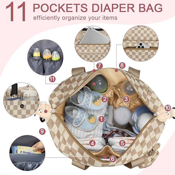Pritent Diaper Bag Tote - Diaper Baby Bags with Pacifier Case, Shoulder Straps, Stroller Clips, Waterproof Large Mommy Maternity Travel Baby Bag for Mom and Dad, plaid