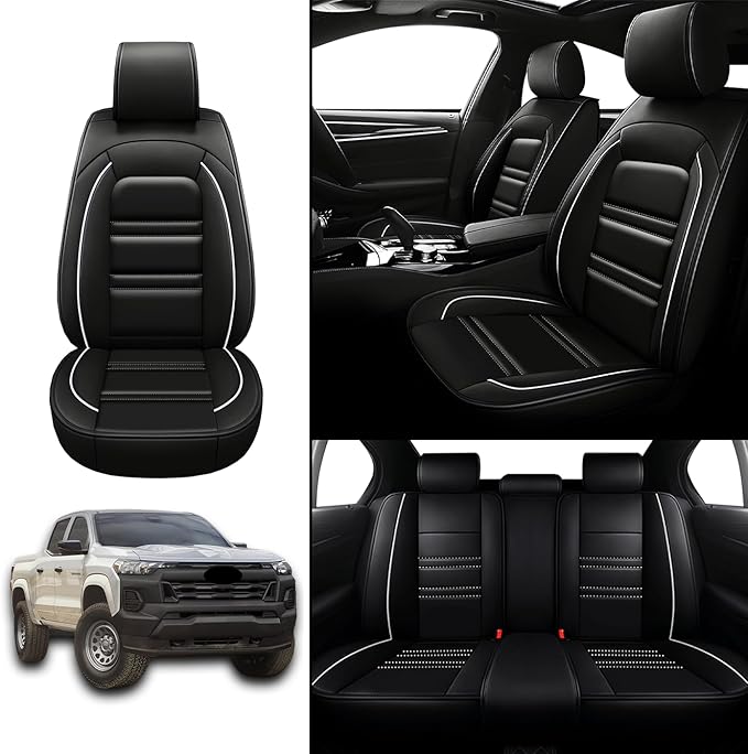 Seat Covers for Chevy Colorado 2004-2025 | 5-Seats Leather Seat Covers, Easy to Install Automotive Seat Covers Full Set (Full Set, Black&White Line)