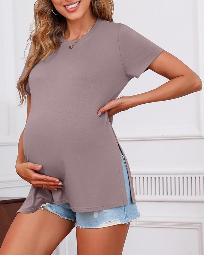 Ficerd 3 Pack Women's Maternity T Shirts, Short Sleeve Side Split Pregnancy Tops Casual Crew Neck Pregnant Tees Mama Clothes