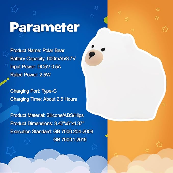 Squishy Polar Bear Night Light with RGB Mode Cute Polar Bear Light 3 Brightness Adjustable Nursery Breastfeeding Nightlight Rechargeable Silicone Touch Bedside Animal Lamp for Bedroom Dorm Decor