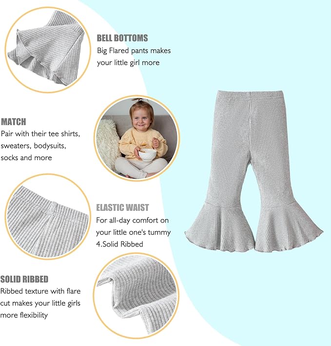 SOBOWO Baby Girl Flare Pants 3 Pack Toddler Solid Ribbed Ruffle Bell Bottoms Pants Trousers Fall Outfits