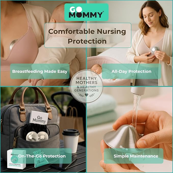 Silver Nipple Shields for Breastfeeding Newborn & A Breastfeeding Essential by Go Mommy - 925 Silver Nursing Cups for Sore Nipple Relief, Protects & Heals Cracked Nipples