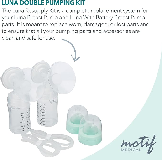Motif Medical Luna Double Breast Pump Replacement Parts - Breast Pump Parts W/Bottles, Nipples, Tubing, Valves, Breast Shields (24mm), Diaphragms, Connectors & More - Safe Easy-to-Use Breast Pump Kit