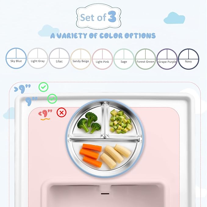 Stainless Steel Suction Plates for Toddlers, 9" Divided Kids Baby Plates with Removable Silicone Suction, Non Toxic Non Slip Portion Control Snack Dishes 3 Packs, Blue Gray Navy