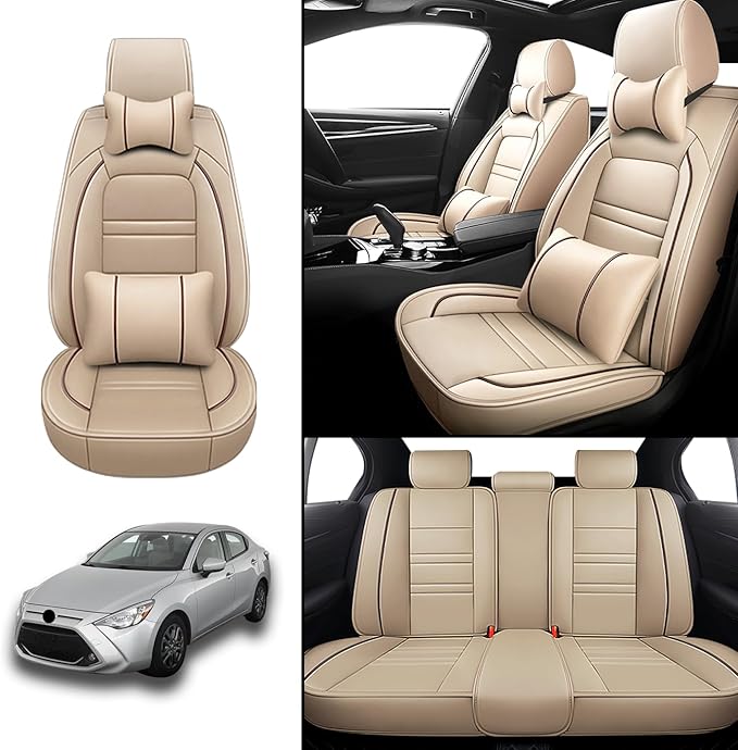 Car Seat Covers for Toyota Yaris 2007-2020 | 5-Seats Seat Covers, Waterproof Seat Protectors, Automotive Seat Covers (Full Set with Pillow,Beige)
