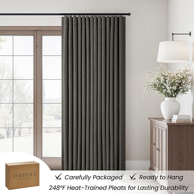 Topfinel 96 Inch Long Blackout Linen Curtains for Livingroom, Carbon Grey Viral Drapes Pinch Pleated Curtains for French Doors 2 Panels Set, Luxury Modern American Style Linen Drapes 52" W*96" L