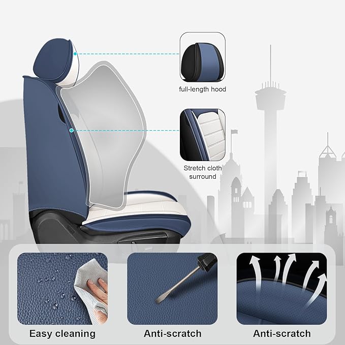 JOJ Car Seat Cover Fit for Toyota Highlander 2001-2025,7 Seat Car Seat Cover,No-Slip Waterproof Breathable Faux Leather Automotive Seat Covers Auto Interior Covers,Full Set with Pillow,Cream Blue