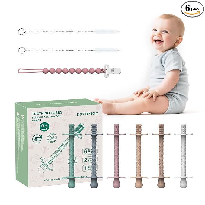 Baby Teething Tubes, Silicone Straw Teethers for Babies 3+ Months, Non-Choking Hollow Infant Teether Sticks Toddlers Teething Relief Toys, Baby Chew Gifts 6 Pack (Sand Clay DustyRose Brown Green Blue)