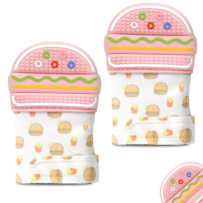 2Pack Silicone Teething Mitt, Hamburger Baby Teething Toy for 0-6 6-12 Months, Food Grade Silicone Infant Teething Mitten, BPA-Free Baby Chew Toys for Pain Relief, Sucking Needs