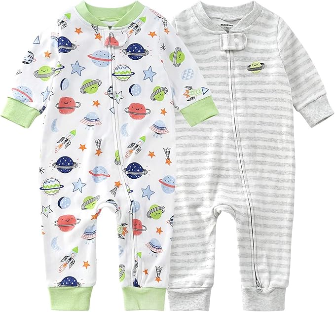 Teach Leanbh Baby 2-Pack Footless Pajamas Cotton Long Sleeve Printing 2 Way Zipper Romper Jumpsuit Sleep and Play 3-24 Months
