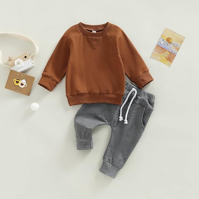 Toddler Baby Boy Clothes Solid Color Long Sleeve Crewneck Sweatshirt Top Casual Pants Set 2Pcs Fall Winter Outfits