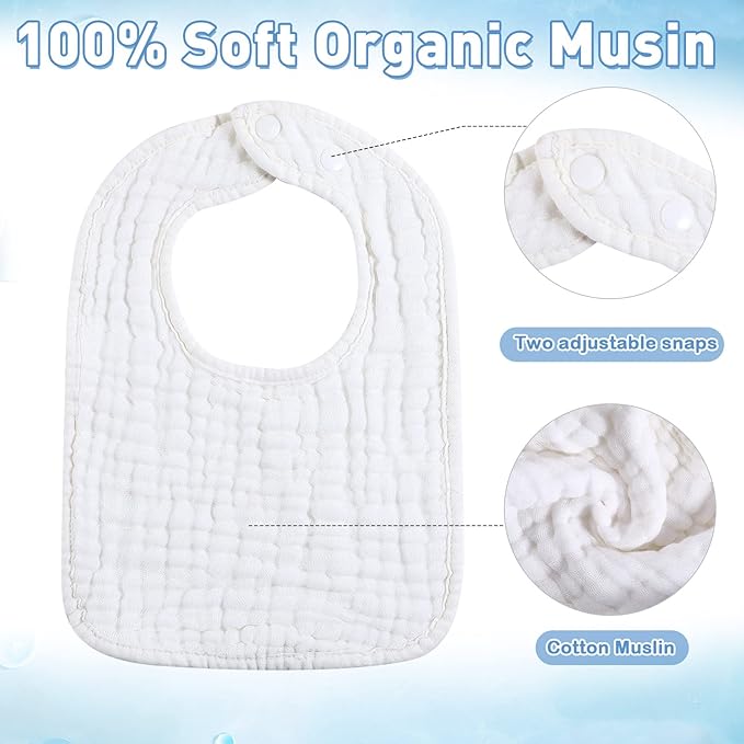 Tatuo 50 Pcs Muslin Baby Bibs Bulk Muslin Cotton Teething for Boy Girls Burp with Snap, Baby Bandana Drool Absorbent Bibs for Newborn Infant Teething and Drooling, 6 Layers