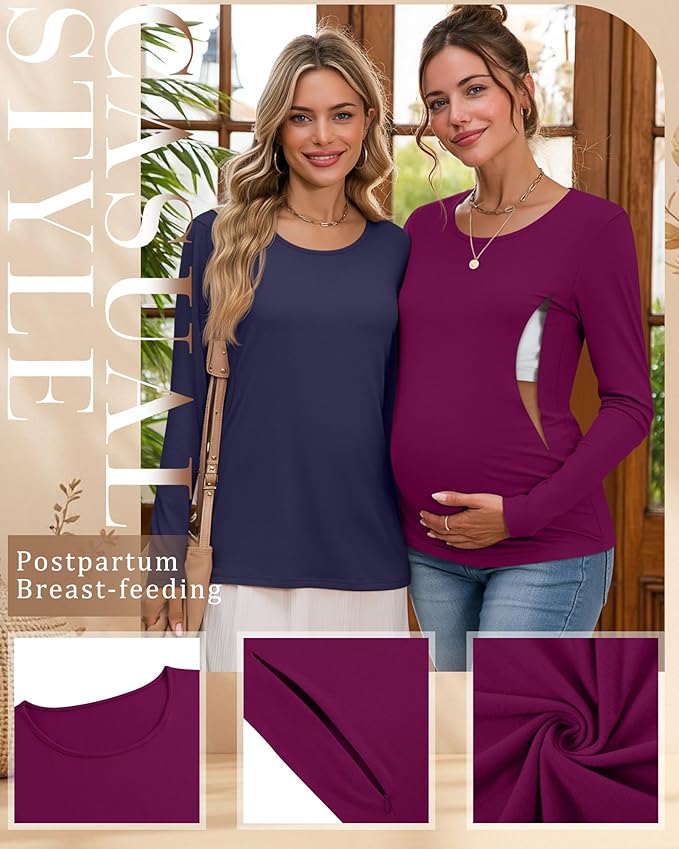 4 Pack Women's Cotton Nursing Tops, Breastfeeding Maternity with Hidden Zippers Crew Neck Long Sleeve Pregnancy Shirts