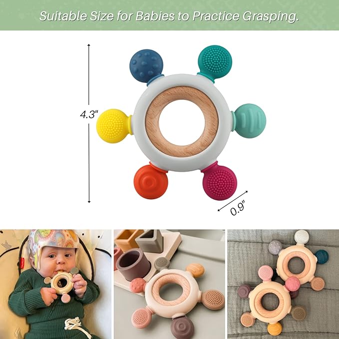 Baby Teething Toys, Silicone Chewable Teethers with Wooden Ring for Soothing Babies Gums, Rudder Chewers Shower Gift for lnfants & Toddlers, 3+ Months (6 Directions, Ocean)