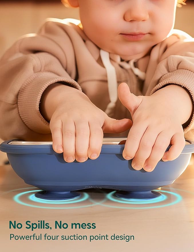 BABELIO 8'' Toddler Porcelain Plates with Silicone Suction Sleeves, Lead & BPA Free, Divided, Microwave & Dishwasher Safe, Stay Put, Suitable for Kids/Babies, Blue