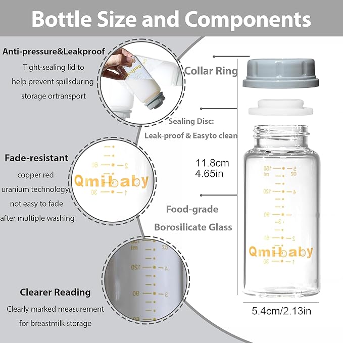 Natural Glass Baby Bottle 150ml 5oz Standard Neck Breast Milk Storage Bottles Compatible with Medela Breast Pumps for Breastmilk Storage Bottle Breastfeeding BPA-Free 6 Pack (Grey Lids)